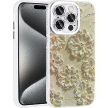 Khayra Apple iPhone 15 Pro Max Kılıf Çiçek Desenli Parlak Taşlı Sert Silikon Khyr Garden Kapak-Beyaz
