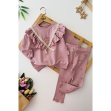 Miniğimin Cicileri Yaka Volan Detaylı Işlemeli Çiçekli Taytlı Kız Çocuk takım - Mor