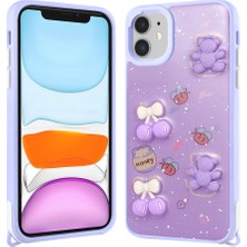 Apple iPhone 11 Kılıf Parlayan Sıvılı Simli Kabartma Figürlü Lckc Cevze Kapak-Mor Ayı