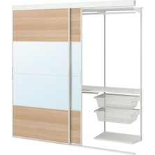 Sürgülü Kapaklı Gömme Dolap, Beyaz-Ağartılmış Meşe Görünümlü Aynalı Cam, 202X65X205 cm