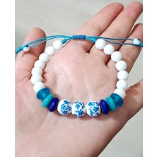 Funny Takı Mavi Beyaz Seramik Boncuklu Mat Beyaz Cam Ve Nazar 
Boncuklu Bileklik