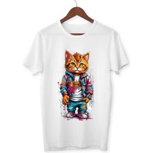 Kedi Baskılı Çocuk Yetişkin Beyaz T-Shirt Cat Unisex Çocuk Tişört