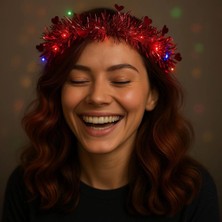 Kalp Püsküllü Gece Parıltısı 3 Modlu LED39LI Işıklı Taç Kırmızı Renk