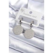 Bfs 316L Çelik Gümüş Renk Pentagram Işleme Model Kadın Küpe