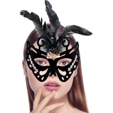 Bfs   Siyah Renk Siyah Süet Kaplama Tüylü Kelebek Figür Parti Maskesi 24X18 cm