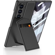 Galaxy Z Fold 6 Kılıf Karbon Fiber Deri Kartlıklı Lckc Kıpta Dik Açılan Kartlıklı Kapak-Siyah