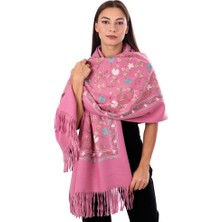 Bursa İpek Gül Kurusu Nakışlı Kışlık Şal