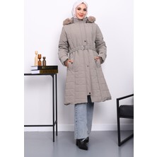 Vizon Kapüşonu Kürklü Uzun Şişme Mont