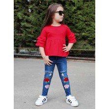 Kız Çocuk Bluz ve Çiçek Nakışlı Kot Pantolon 2 Parça Takım