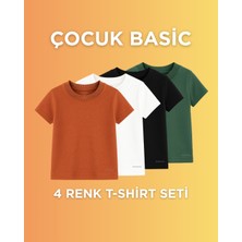 Çocuklar Için 4 Renk Tişört Seti – %100 Pamuk – Siyah Beyaz Yeşil Kiremit