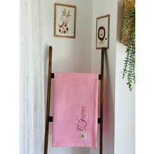 Ftbabycollection Çift Taraflı Kişiye Özel Isim Nakışlı Waffle Pike & Müslin Bebek Battaniyesi 90X100 CM Kalp