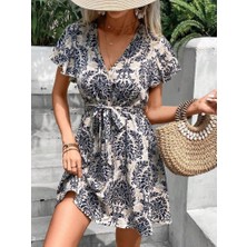 Moda Tıkla Kadın Kısa Kollu V Yakalı Beli Kuşaklı Desenli Sofya Elbise