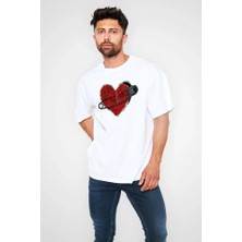 Unisex Bisiklet Yaka Baskılı Oversize T-Shirt - Beyaz