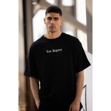 Unisex Bisiklet Yaka Baskılı Oversize T-Shirt - Siyah