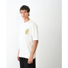 Unisex Bisiklet Yaka Baskılı Oversize T-Shirt - Beyaz