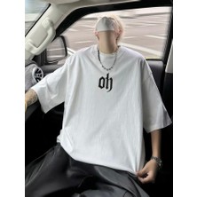 Baskılı Oversize Bisiklet Yaka T-Shirt - Beyaz
