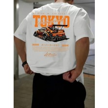 Baskılı Oversize Bisiklet Yaka T-Shirt - Beyaz