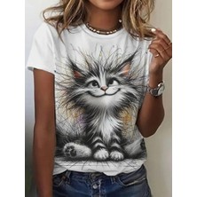 Moda Tıkla Kadın Kısa Kollu Bisiklet Yaka Kedi Baskılı Süprem Bluz