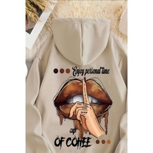 Uygun Tarz Enjoy Kadın Oversize Kapüşonlu Hoodie Bej Renk Baskılı Ek Özellikli Günlük Kullanım İçin