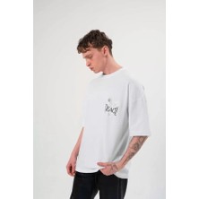 Unisex Bisiklet Yaka Baskılı Oversize T-Shirt - Beyaz