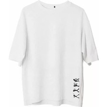 Unisex Bisiklet Yaka Baskılı Oversize T-Shirt - Beyaz