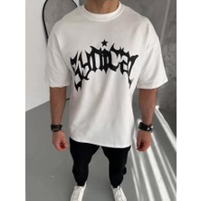 Unisex Bisiklet Yaka Baskılı Oversize T-Shirt - Beyaz