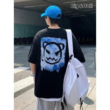 Baskılı Oversize Bisiklet Yaka T-Shirt - Siyah