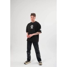 Unisex Bisiklet Yaka Baskılı Oversize T-Shirt - Siyah