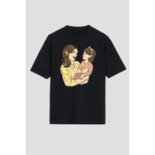 Anneler Gününe Özel Tasarım Anne Kız Baskılı T-Shirt - Siyah