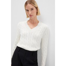 Mavi İpek Karışımlı V Yaka Ekru Kazak 1710720-70057