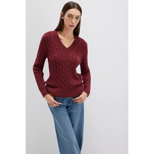 Mavi İpek Karışımlı V Yaka Bordo Kazak 1710720-85493