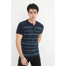 Erkek Yakalı Slim Fit Pike Çizgili T-Shirt - Lacivert