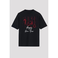 Happy New Year Baskılı T-Shirt - Siyah