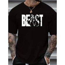 Baskılı Oversize Bisiklet Yaka T-Shirt - Siyah