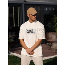 Unisex Bisiklet Yaka Baskılı Oversize T-Shirt - Beyaz
