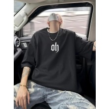 Baskılı Oversize Bisiklet Yaka T-Shirt - Siyah