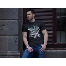 Unisex Bisiklet Yaka Baskılı Oversize T-Shirt - Siyah