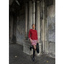 Kadın Uzun Kollu Bisiklet Yaka Kol Ağzı ve Etek Ucu Baskılı Iki Iplik Elbise