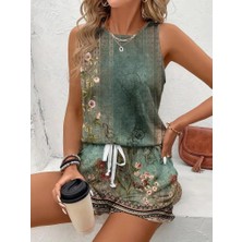 Kadın Askılı Yuvarlak Yaka Çiçek Baskılı Süprme Bluz ve Short Ikili Takım