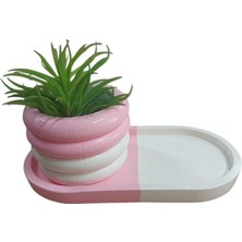 Oval Tabaklı Silindir Saksı Pembe Beyaz 18X9,5CM
