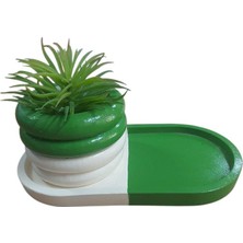 Oval Tabaklı Silindir Saksı Yeşil Beyaz 18X9,5CM