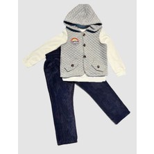 Diji Baby 3-4-5 Yaş Fitilli Kadife Pantolon Kapitone Kapşonlu Yelek Uzun Kollu Sweat 3lü Erkek Çocuk Takımı