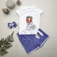 Diji Baby 1-2-3 Yaş Bisikletli Kız Baskılı Bandanalı Kot Desenli Şort Kısa Kollu Tişört 3lü Kız Bebek Takımı