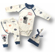 Diji Baby 3-6 6-9 9-12 Ay Şirin Kozmonot Nakışlı Şapkalı Uzun Kollu Zıbınlı 3lü Kız-Erkek Bebek Takımı