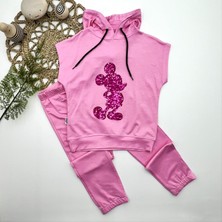 Diji Baby 3-4-5 Yaş Kapşonlu Payetli Mickey Desenli Kısa Kol 2li Kız Erkek Çocuk Takımı