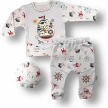 3-6 6-9 9-12 Ay Minik Korsan Nakışlı Şapkalı Uzun Kollu Sweatli 3lü Kız-Erkek Bebek Takımı