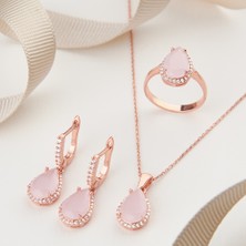925  Ayar  Rose  Kaplama  Damla  Kuvars Taşlı  Gümüş  Set