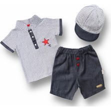 Diji Baby 6-9 9-12 12-18 Ay Vip Yaka Şapkalı Kısa Kollu Sweat 3lü Erkek Bebek Takımı