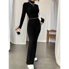 Sosostyle Kadın Uzun Kollu Balıkçı Yaka Krop ve Pantolon Şardonlu Kaşkorse Ikili Takım