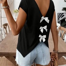 Mdb Kadın Kısa Kollu V Yakalı Arkadan Kurdele Detaylı Viskon Bluz